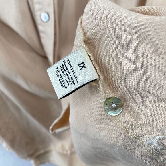 SERRA RETREAT Top Women 1X Lyocell Utility Shirt Button Front Long Sleeve Beige - Picture 10 of 13